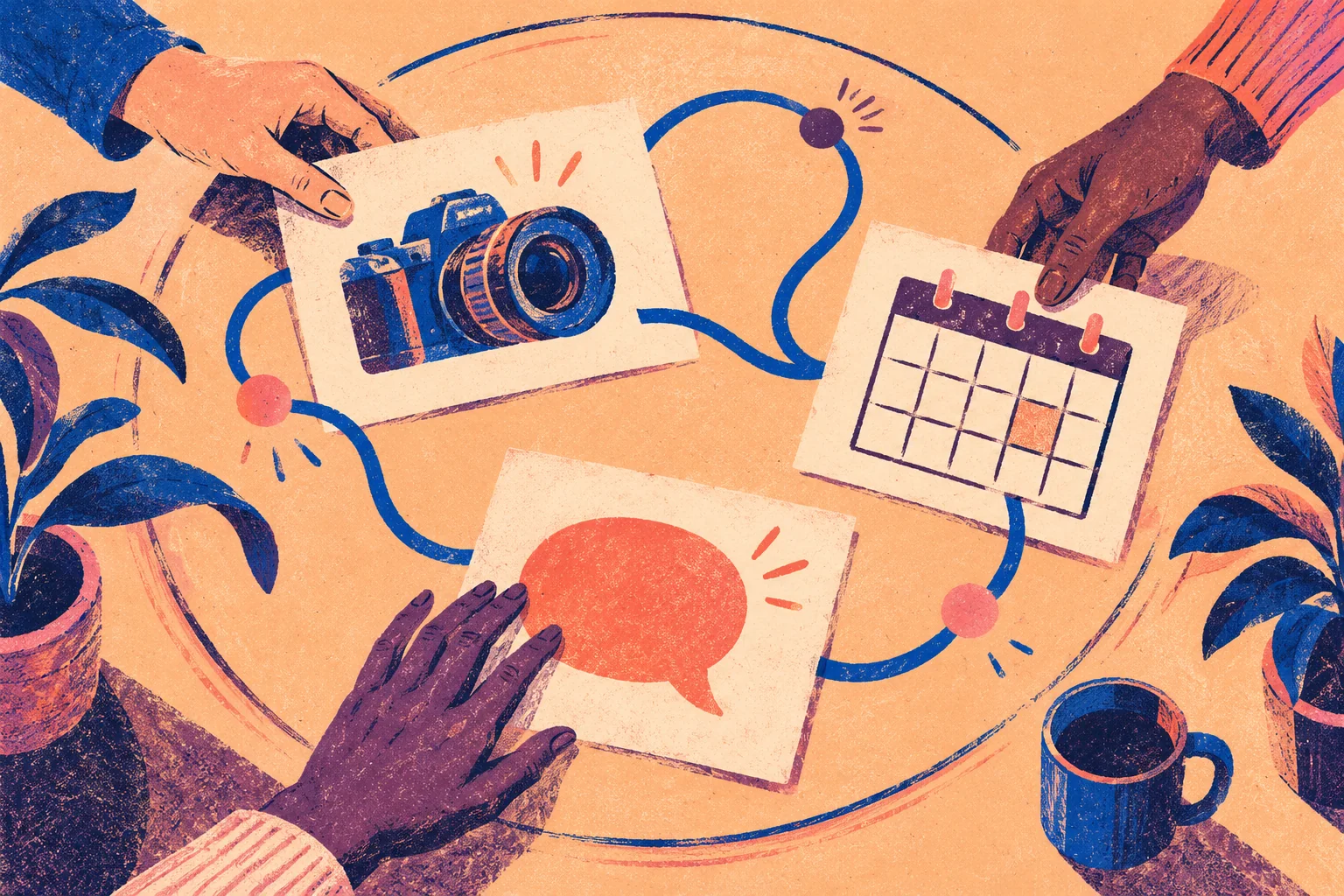 Ilustración editorial de manos coordinando planificación, producción y conversación con la comunidad