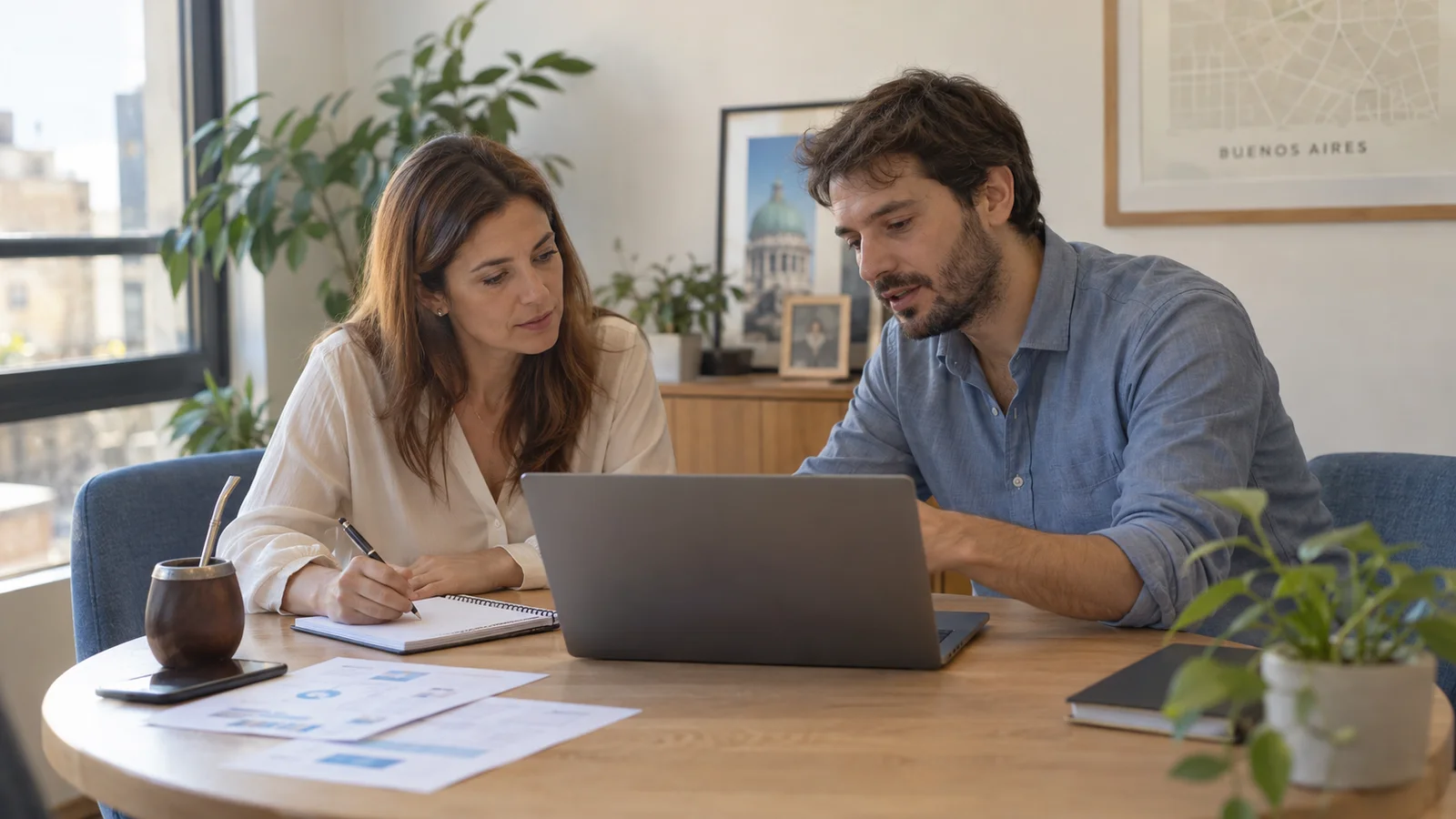 Dos profesionales evaluando un proyecto de software con una notebook y documentos de trabajo