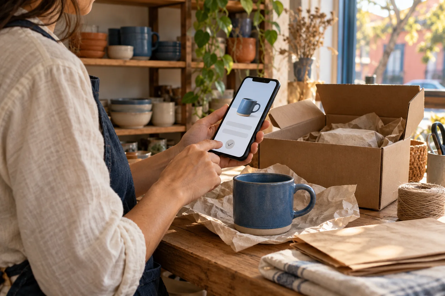 Escena editorial de una persona comprobando una ficha de producto en su celular junto a un pedido preparado