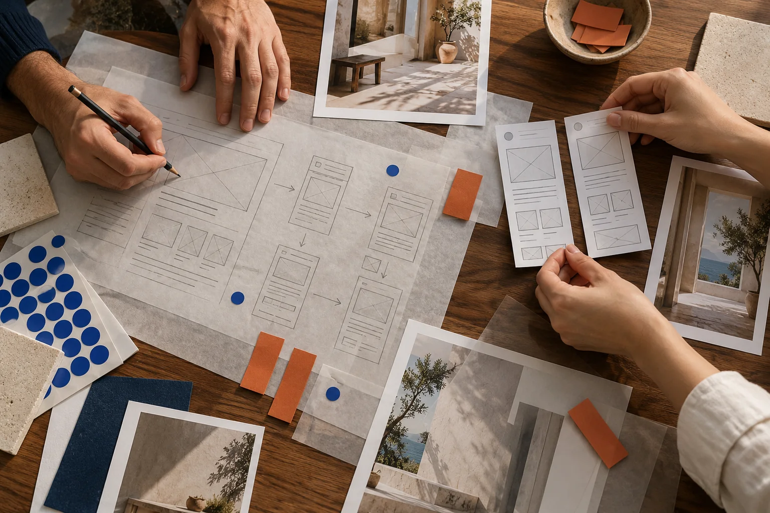 Escena editorial de un taller de arquitectura de contenidos con bocetos, fotografías y diseños móviles sobre una mesa
