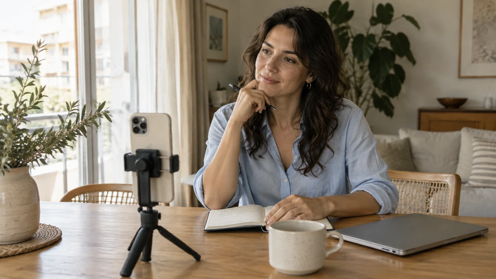 Creadora preparando el guion de un video UGC con su cuaderno y un celular sobre trípode