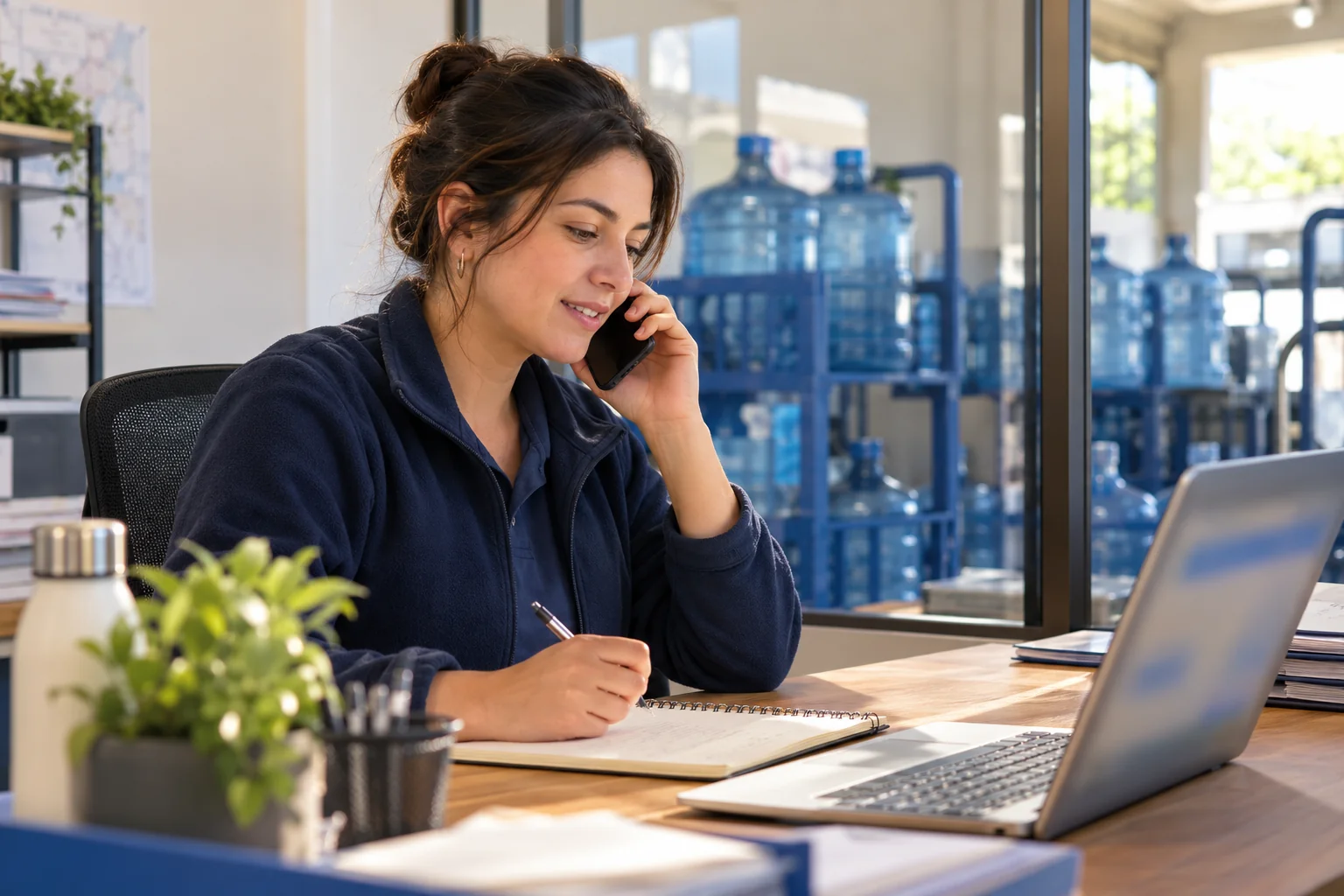 Escena editorial de atención comercial en una empresa de reparto de agua, con una persona respondiendo una consulta junto a su computadora y un cuaderno