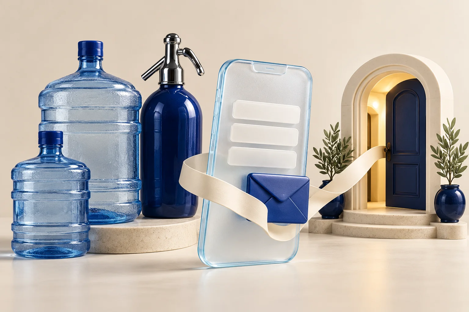 Composición conceptual de productos de agua y soda, un formulario y un contacto que llega a un negocio