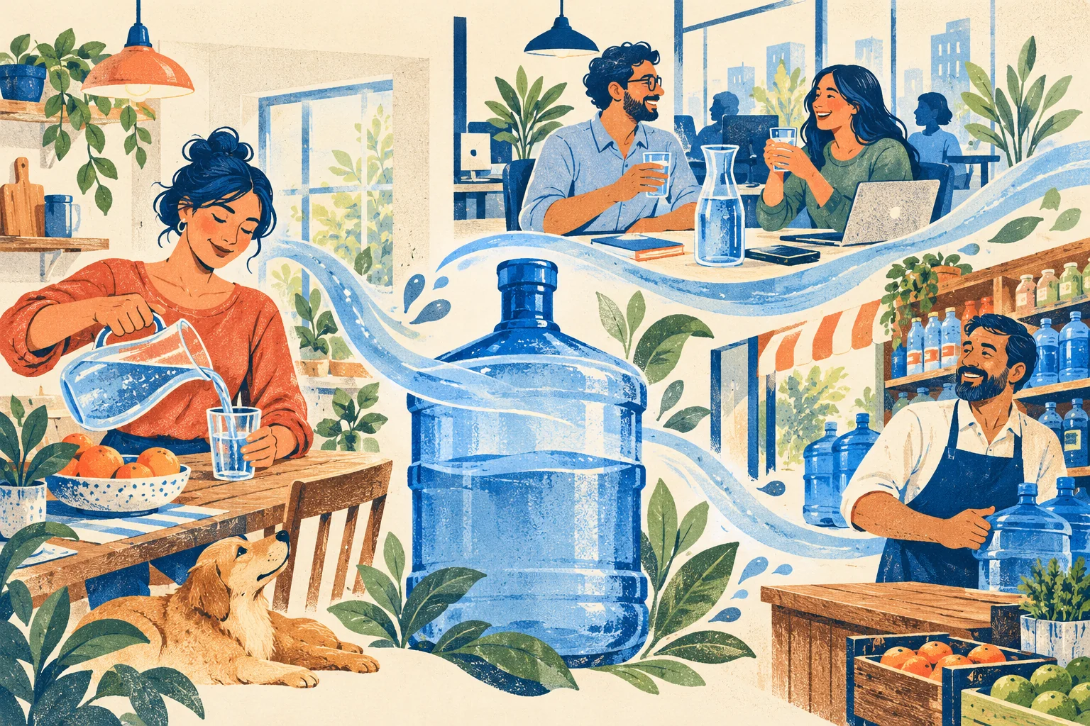 Ilustración editorial de hogares, oficinas y comercios como públicos posibles de una empresa de reparto de agua y soda