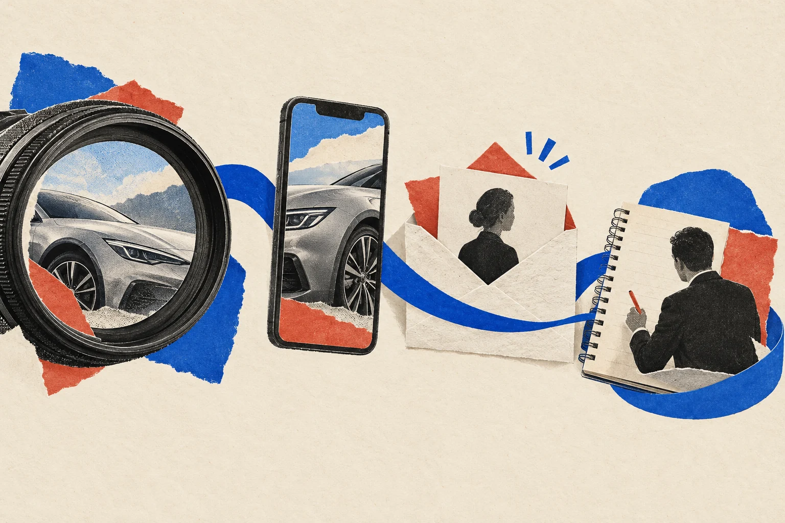 Collage editorial que conecta la grabación de un vehículo, un anuncio en el celular, una consulta y el seguimiento del vendedor