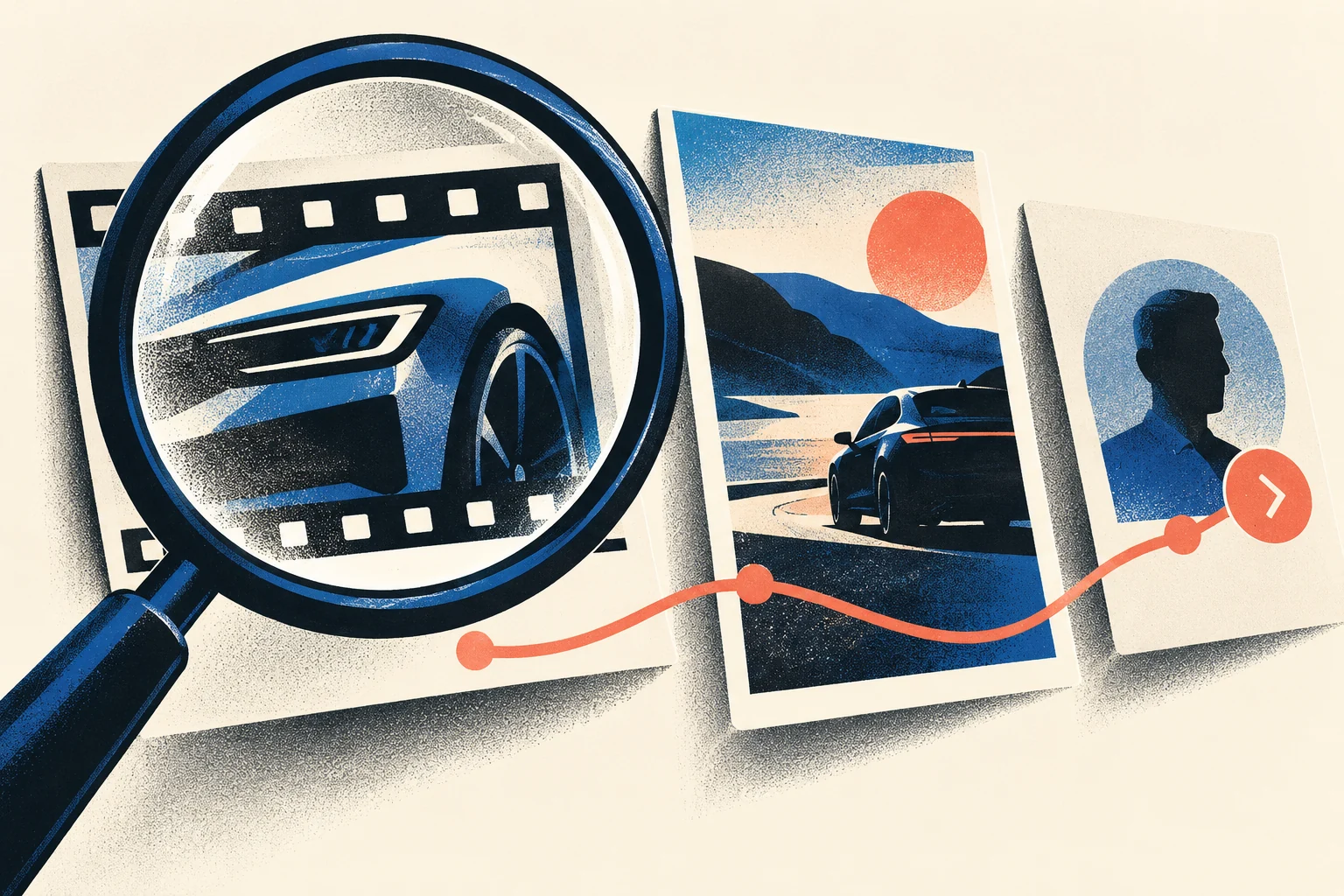 Ilustración editorial de una lupa que revisa piezas de contenido automotriz, un anuncio y una tarjeta de seguimiento comercial