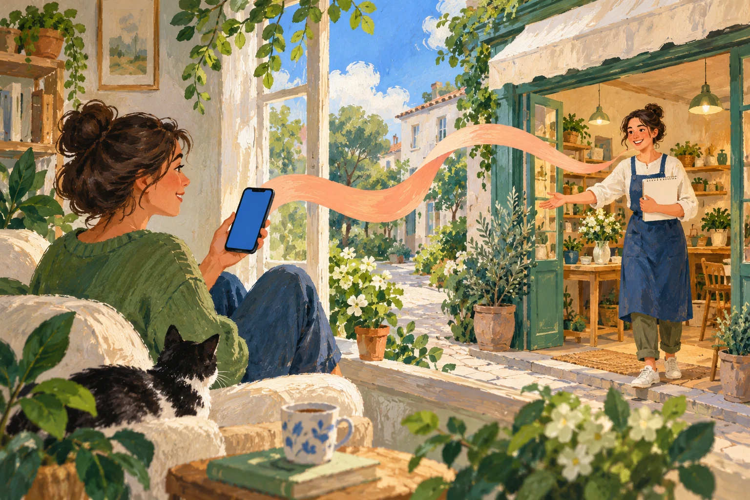 Pintura editorial que une a una persona interesada desde su celular con la atención de un negocio mediante una cinta continua