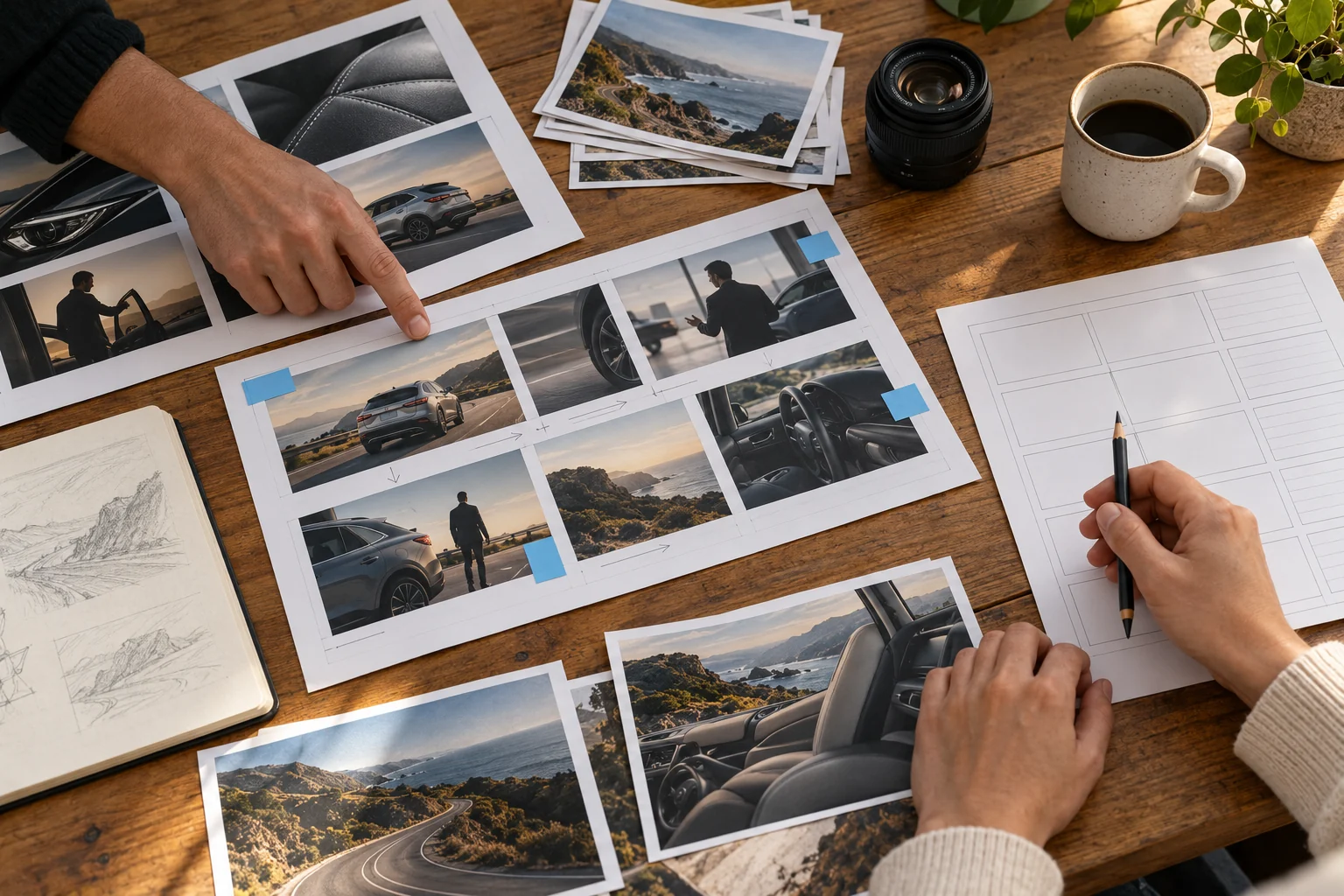 Escena editorial de una reunión de planificación con manos revisando fotogramas de vehículos, un brief y materiales de una campaña