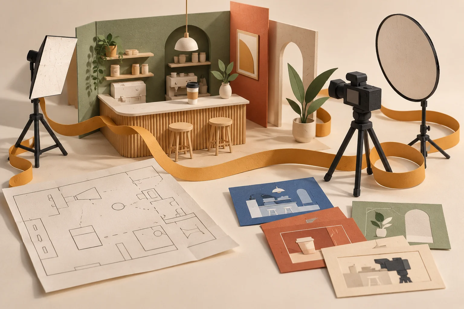 Maqueta editorial de papel con una pequeña locación, cámara, reflectores y tarjetas que representan la preparación de un rodaje