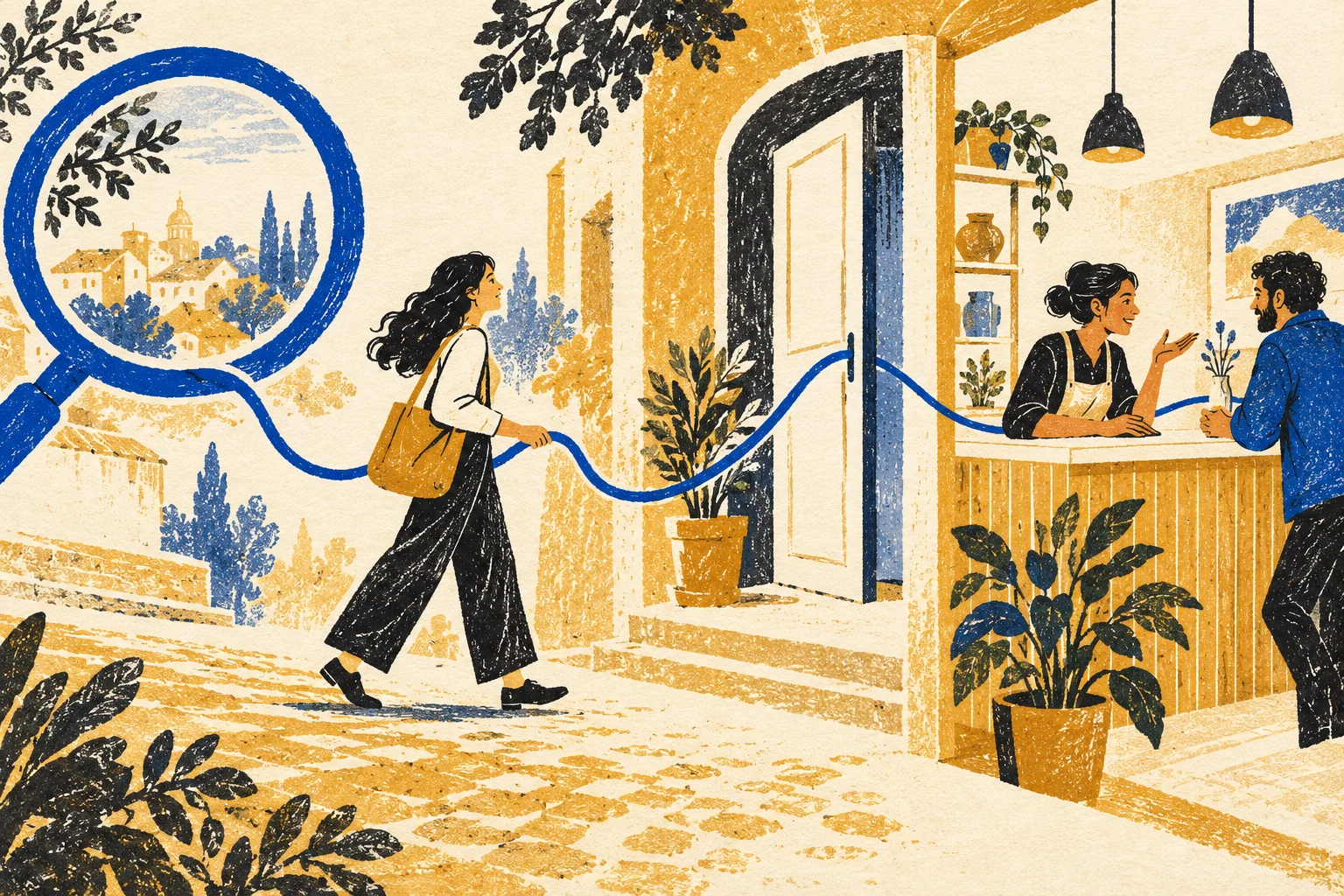 Ilustración editorial que conecta una búsqueda, la entrada a un negocio y una conversación con una misma línea azul