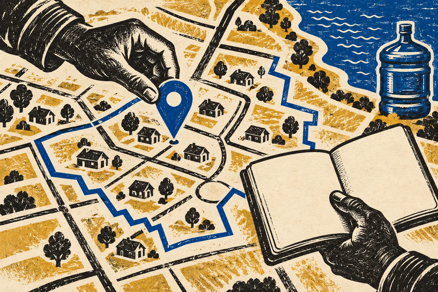 Ilustración editorial de manos revisando una ubicación junto al límite de un área de cobertura y un cuaderno que representa el registro de la decisión